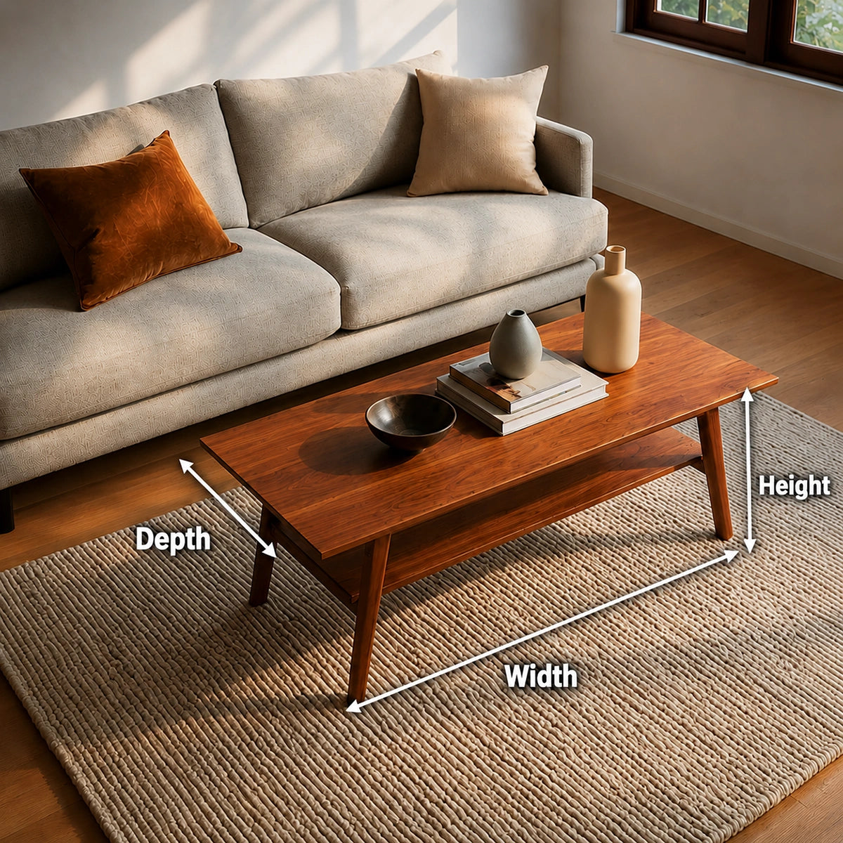 Natural Solid Wood Coffee Table with Lower Shelf and Tapered Legs
