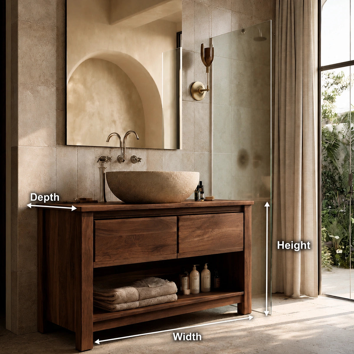 Natural Solid Wood Bathroom Vanity with 2 Drawers and Open Shelf