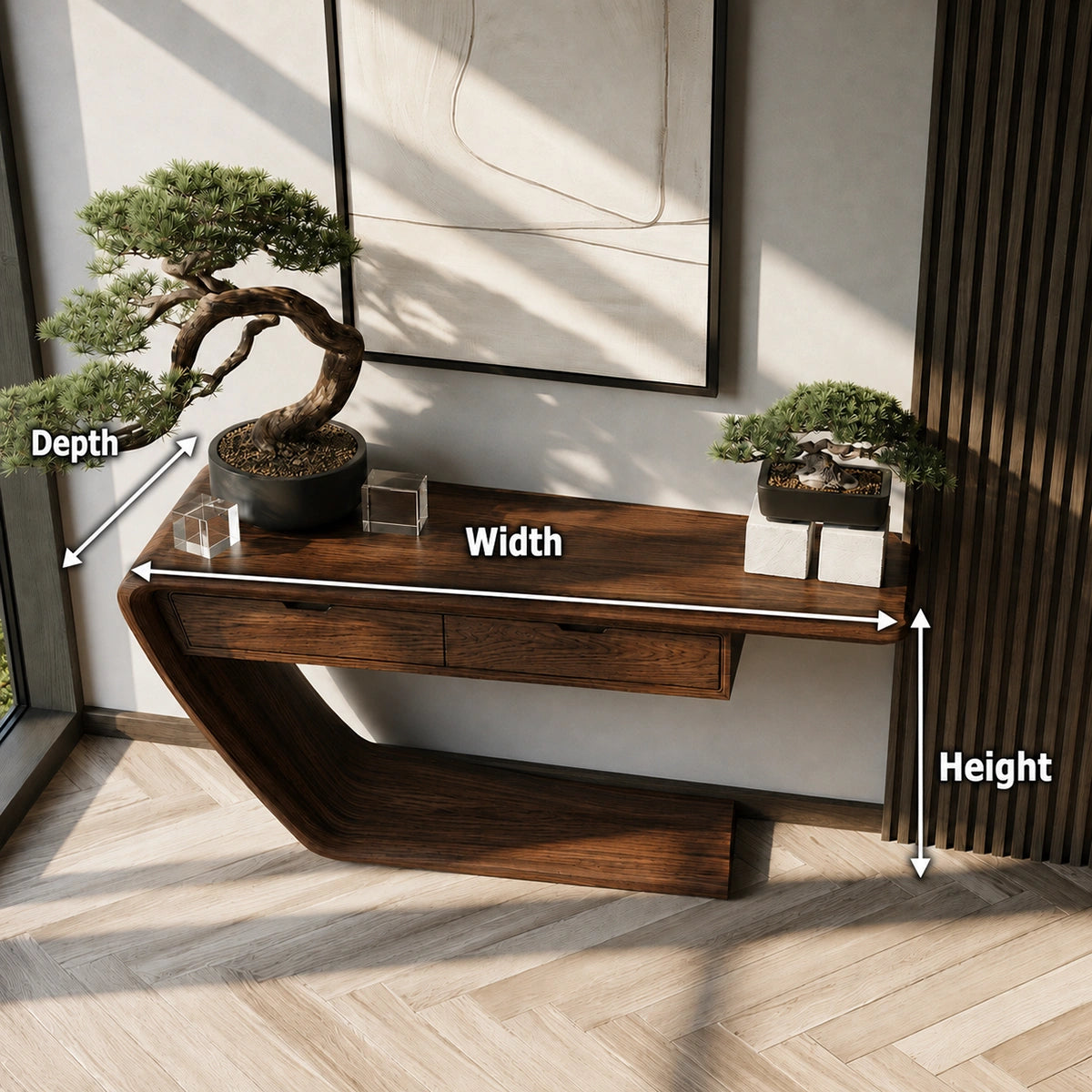 Floating Curve Natural Solid Wood Console Table with Dual Drawers
