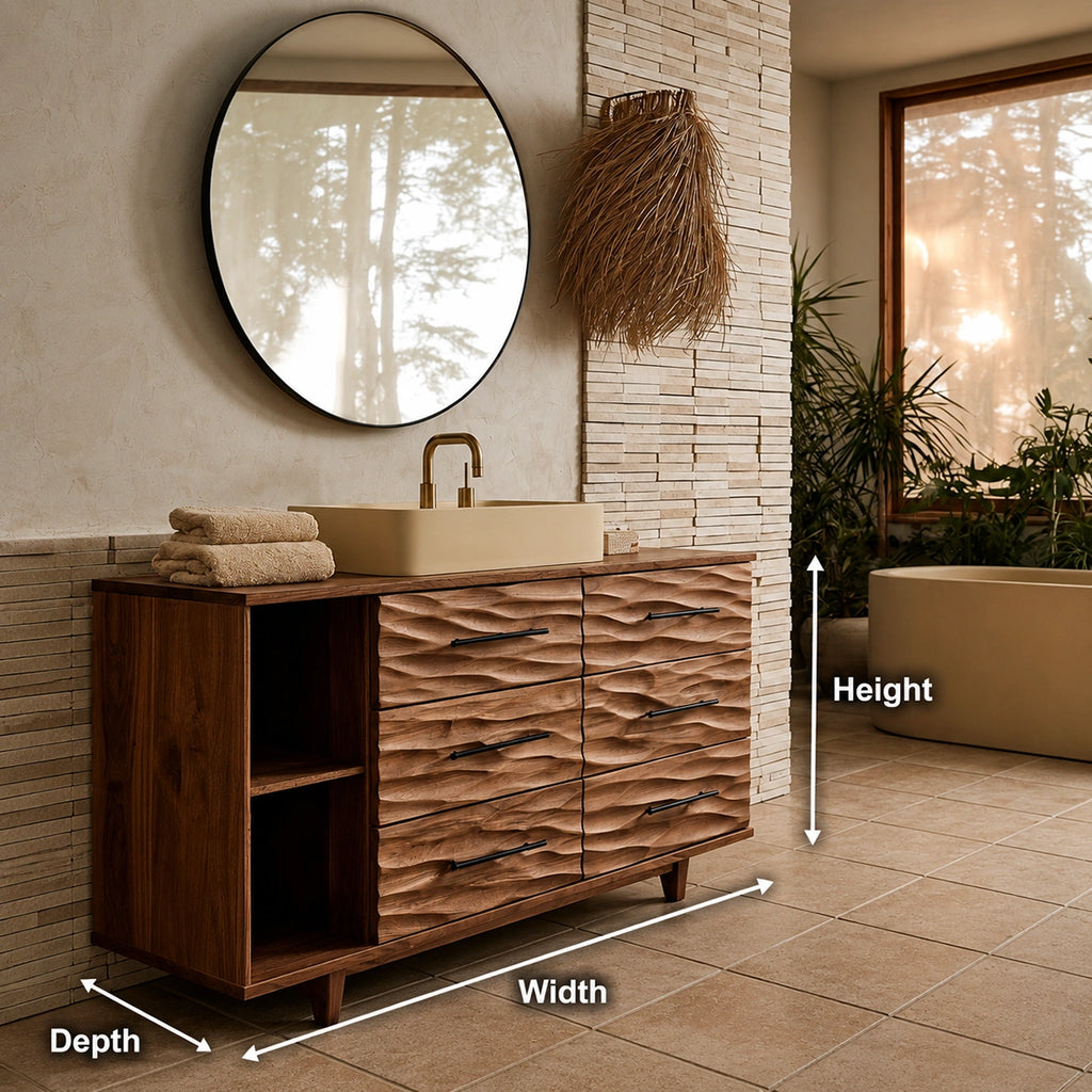 Natural Solid Wood Bathroom Vanity with 6 Drawers and Side Open Shelves