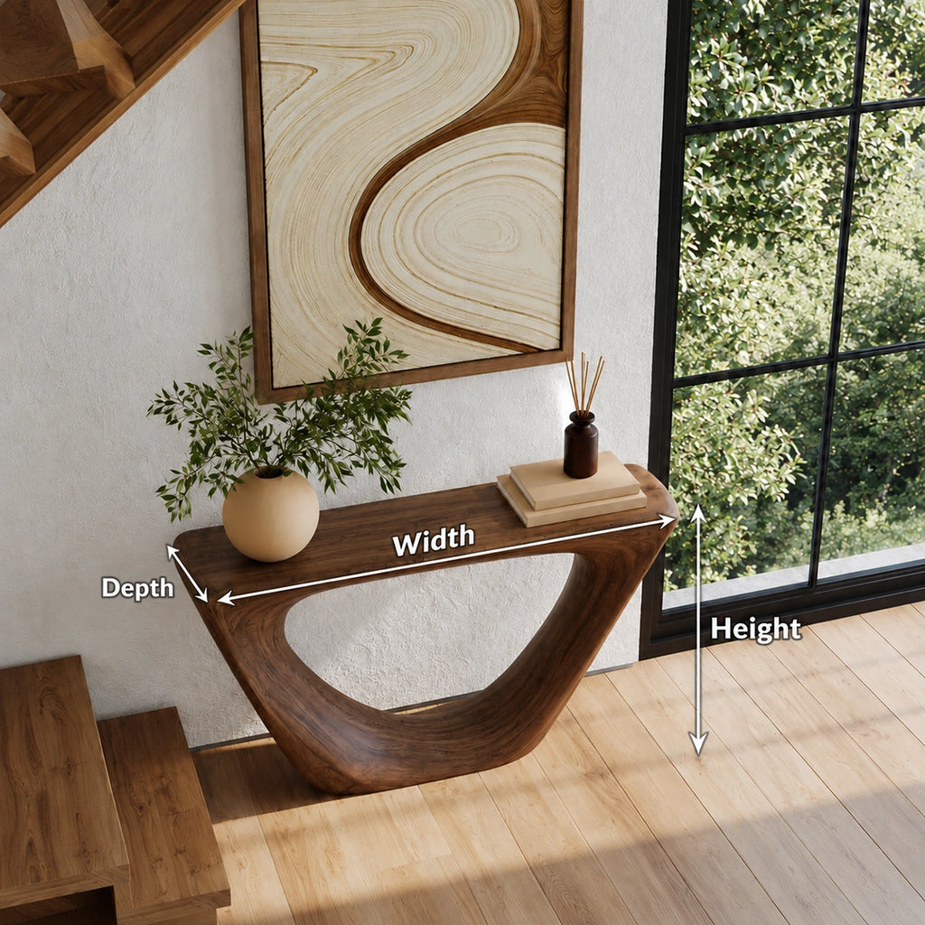Sculptural Natural Solid Wood Console Table with Open Geometric Base