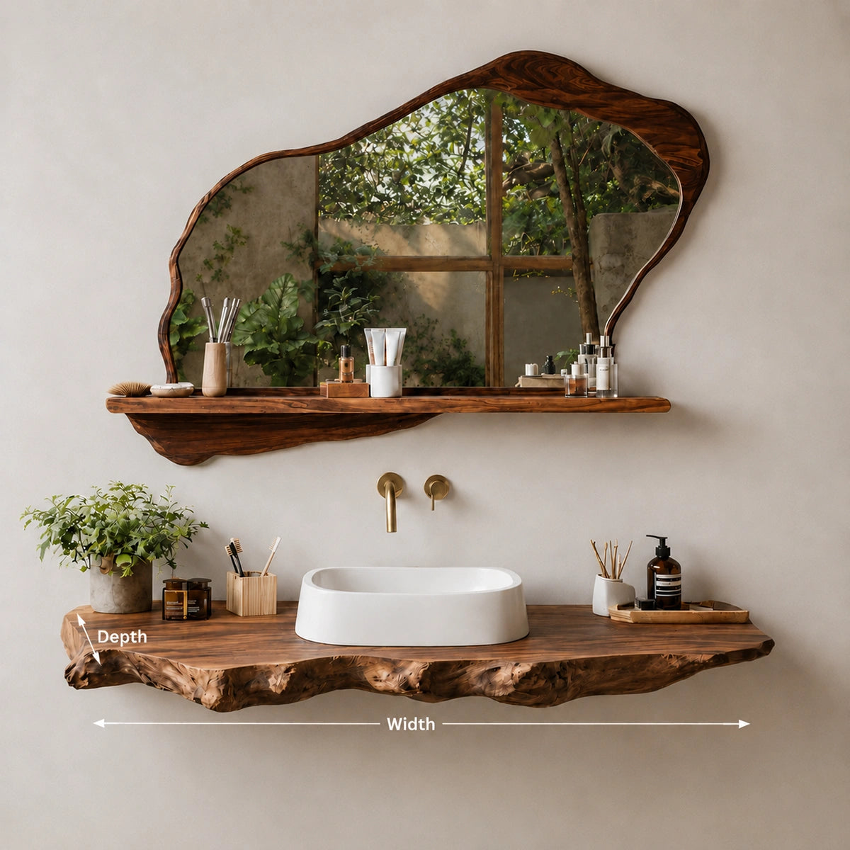 Natural Solid Wood Floating Bathroom Vanity with Sculptural Live Edge Slab