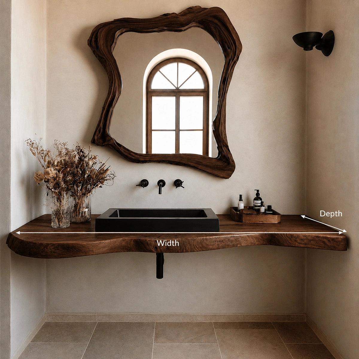 Natural Solid Wood Floating Bathroom Vanity with Hand Sculpted Live Edge