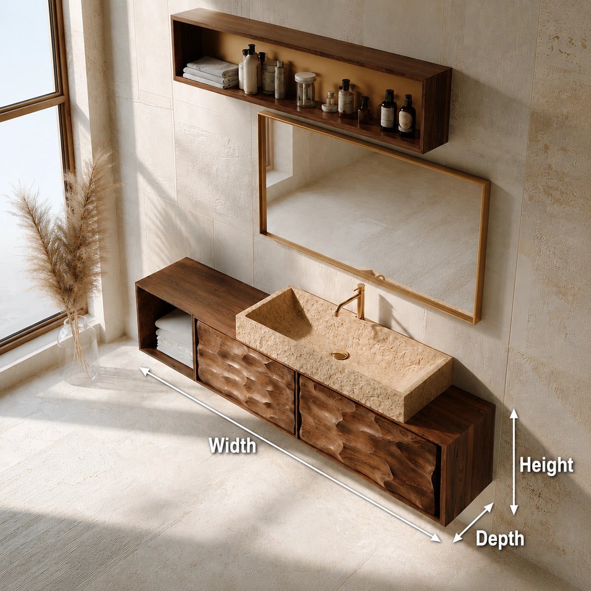 Natural Solid Wood Bathroom Cabinet with Side Shelf and 2 Doors