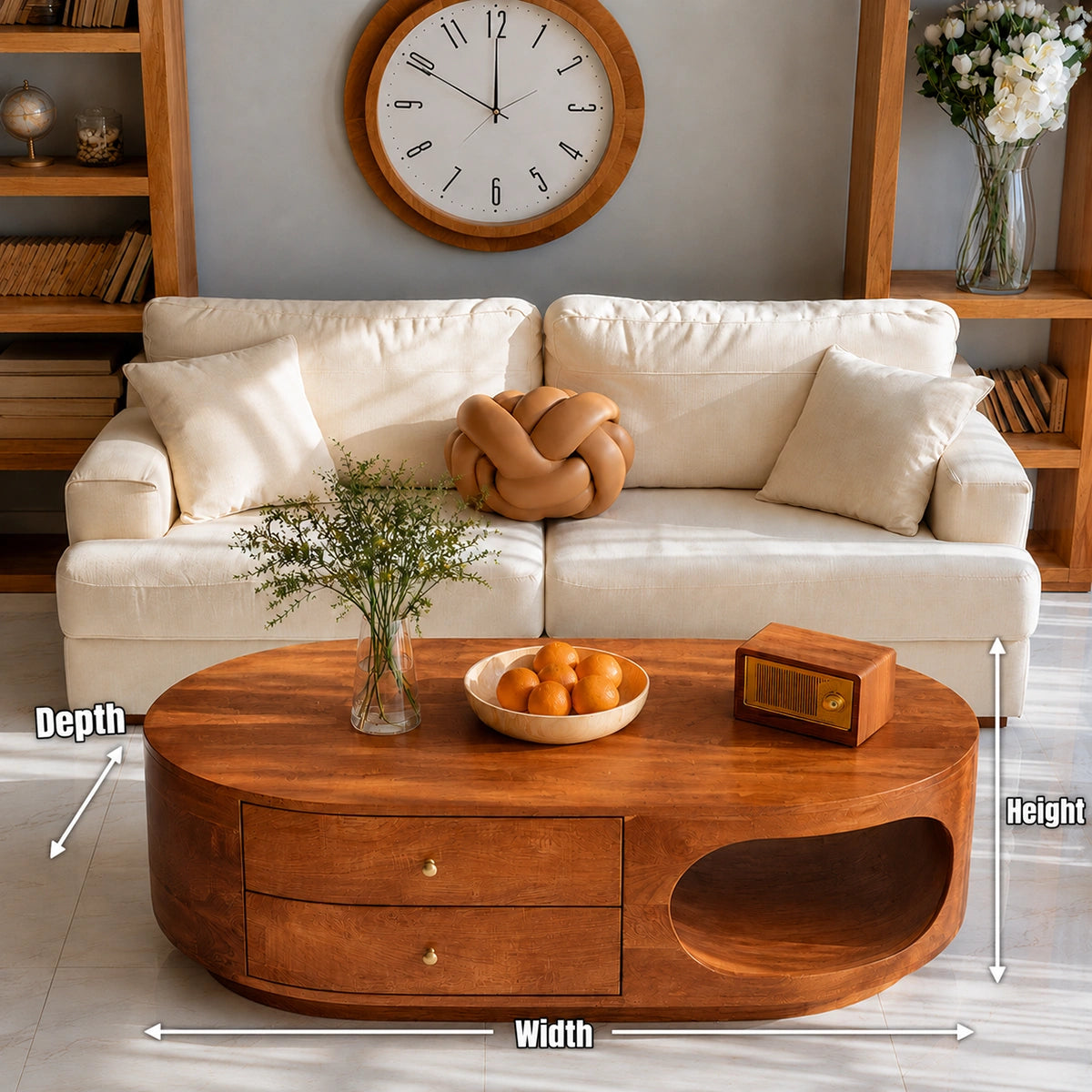 Natural Solid Wood Coffee Table with Drawers – Rounded Modern Style