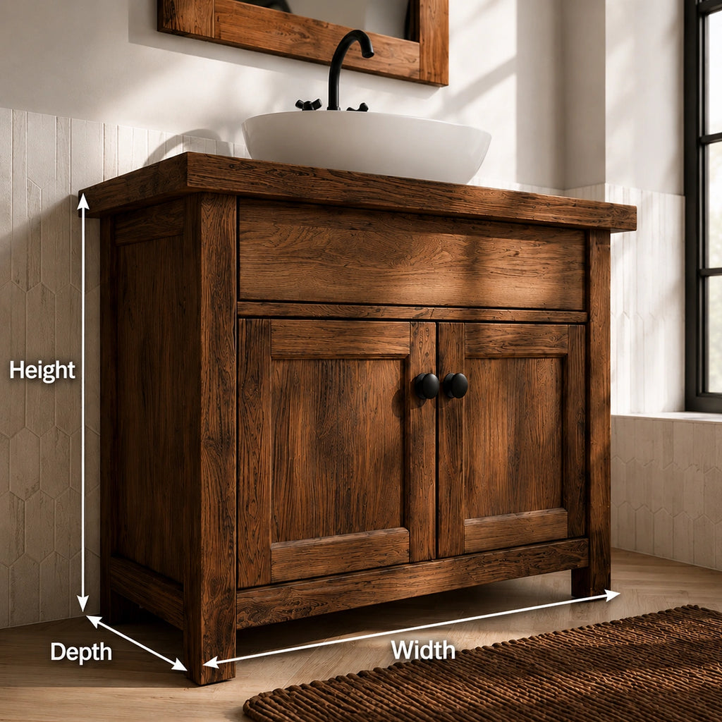 Natural Solid Wood Bathroom Vanity with Drawer and 2 Doors – Rustic Style