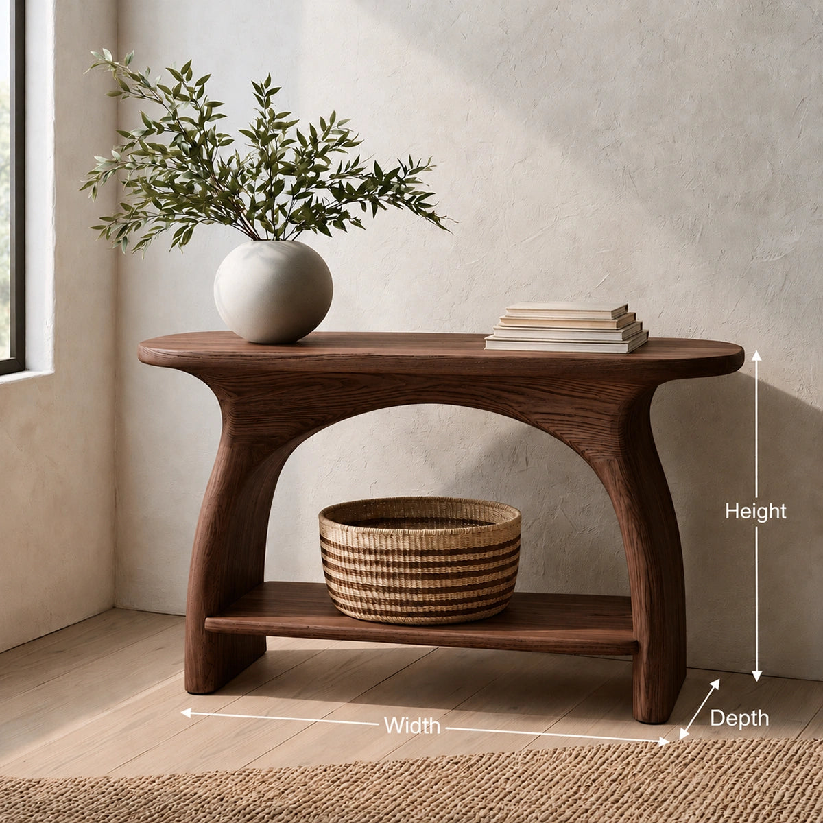 Natural Solid Wood Console Table with Sculptural Arch Base and Open Shelf