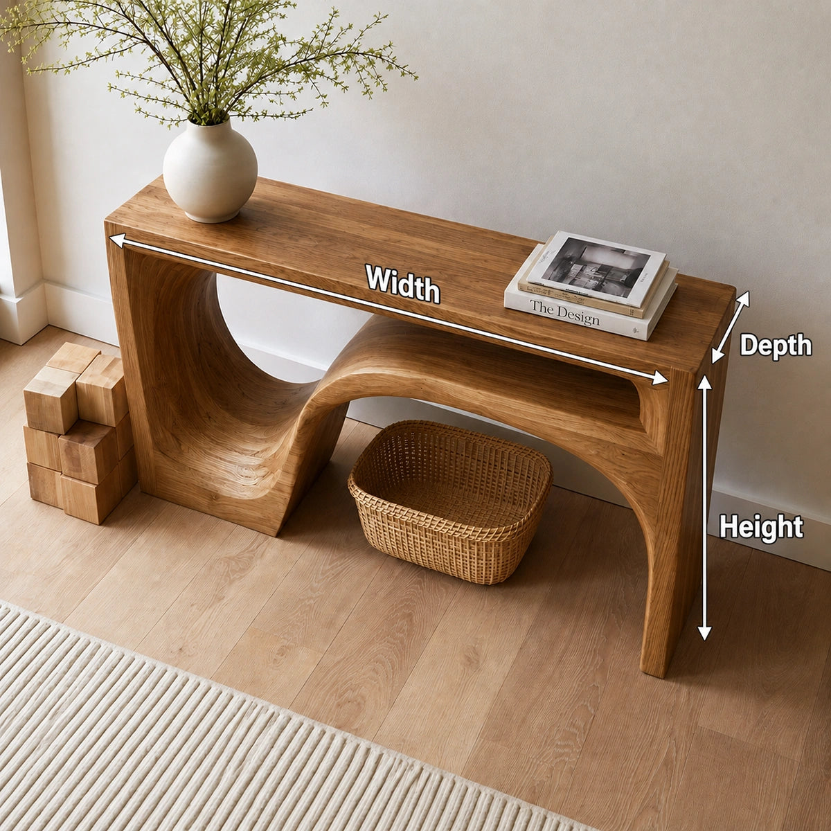 Flow Arch Natural Solid Wood Console Table with Open Storage Shelf