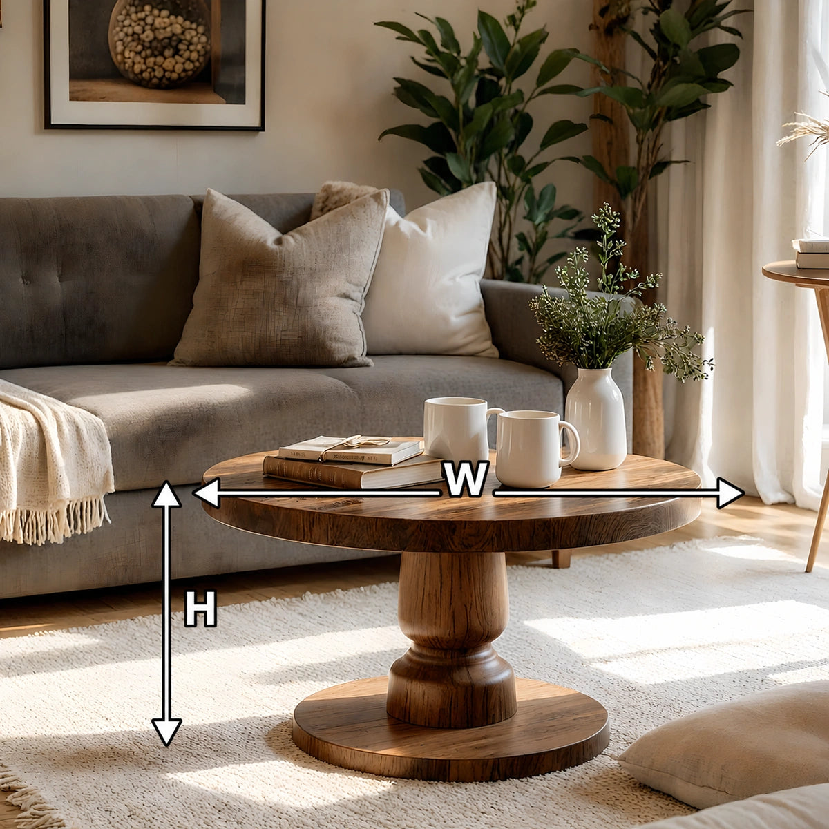 Natural Solid Wood Round Coffee Table – Sculptural Pedestal Style