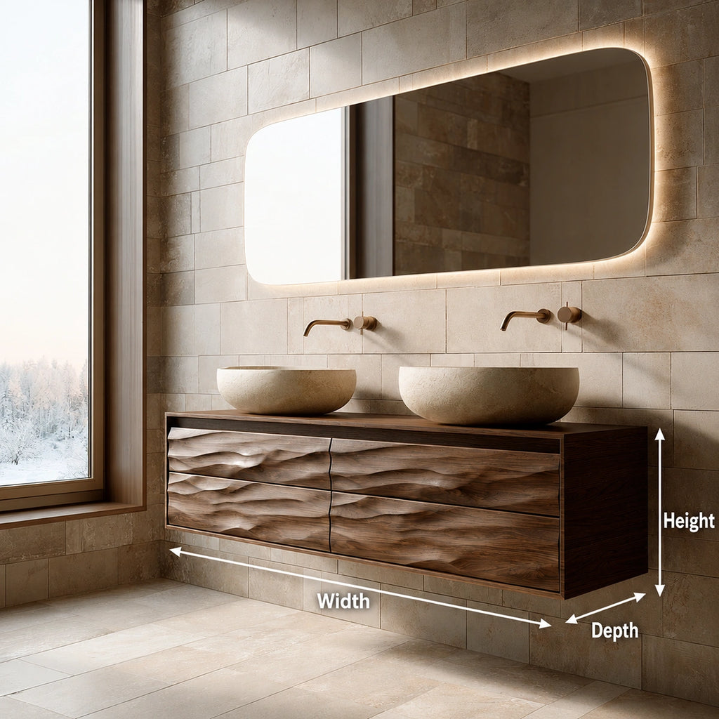 Natural Solid Wood Floating Double Bathroom Vanity with 4 Sculpted Drawers