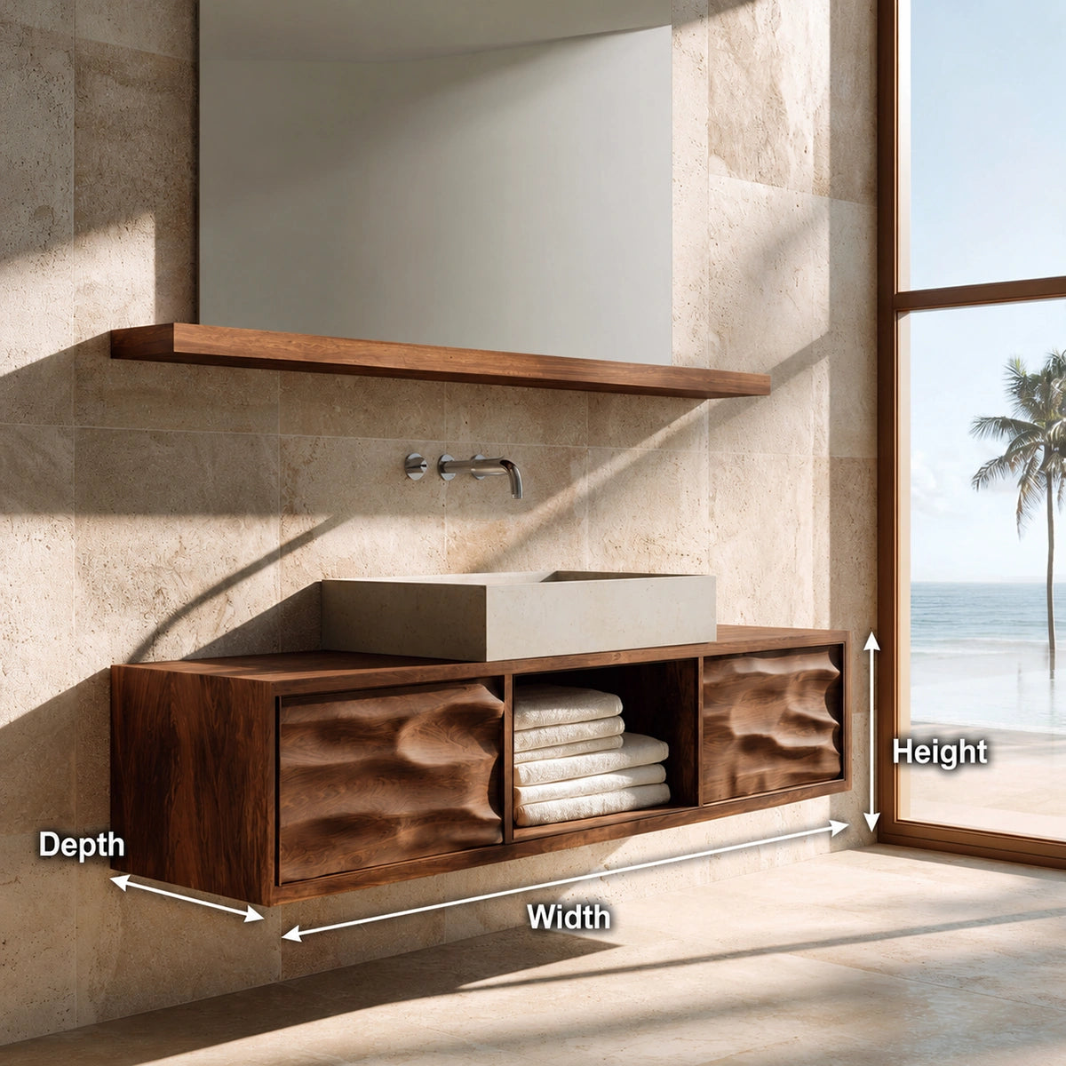 Natural Solid Wood Bathroom Cabinet with 2 Doors and Open Shelf