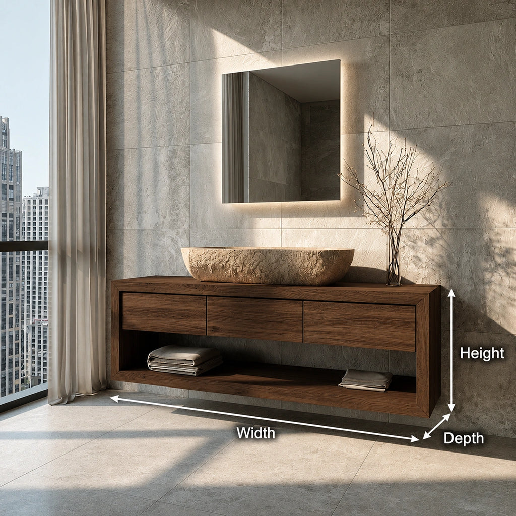 Natural Solid Wood Floating Bathroom Vanity with 3 Drawers and Open Shelf