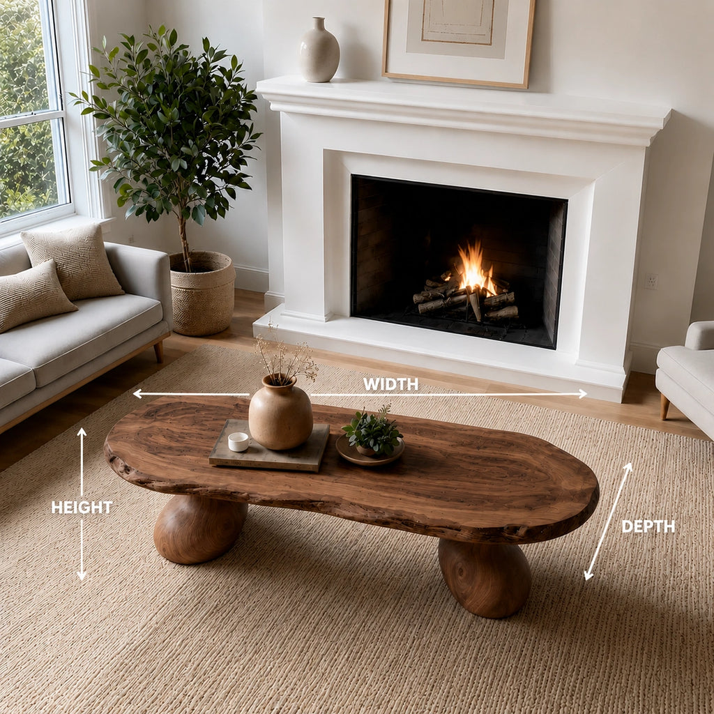 Natural Solid Wood Live Edge Coffee Table with Sculptural Curved Pedestal Legs