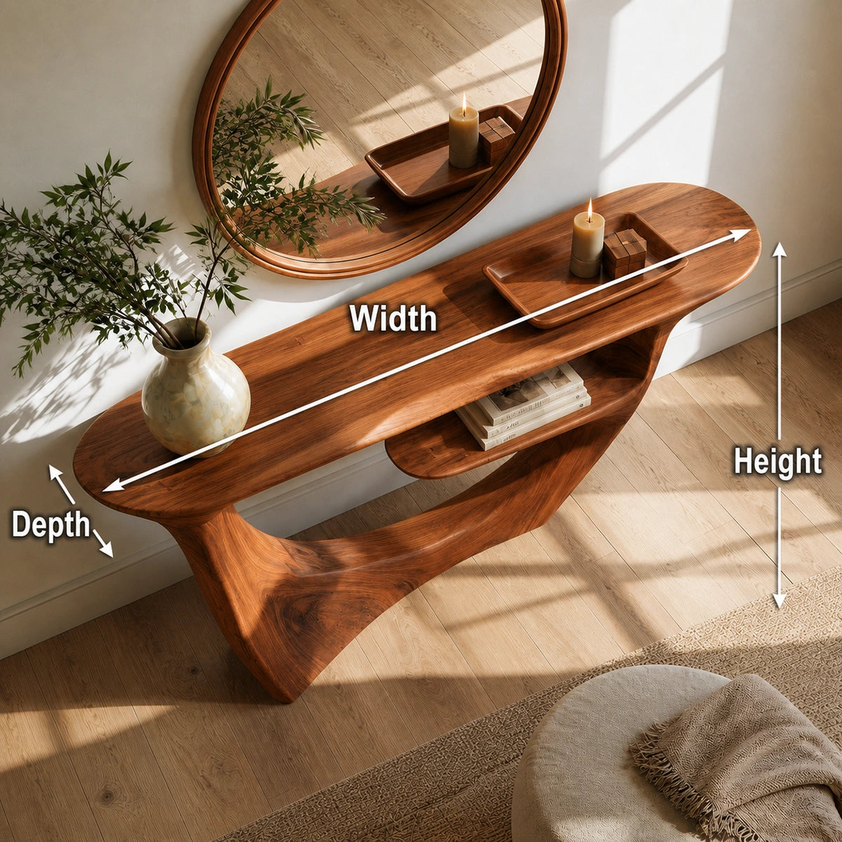 Sculptural Natural Solid Wood Console Table with Integrated Display Shelf