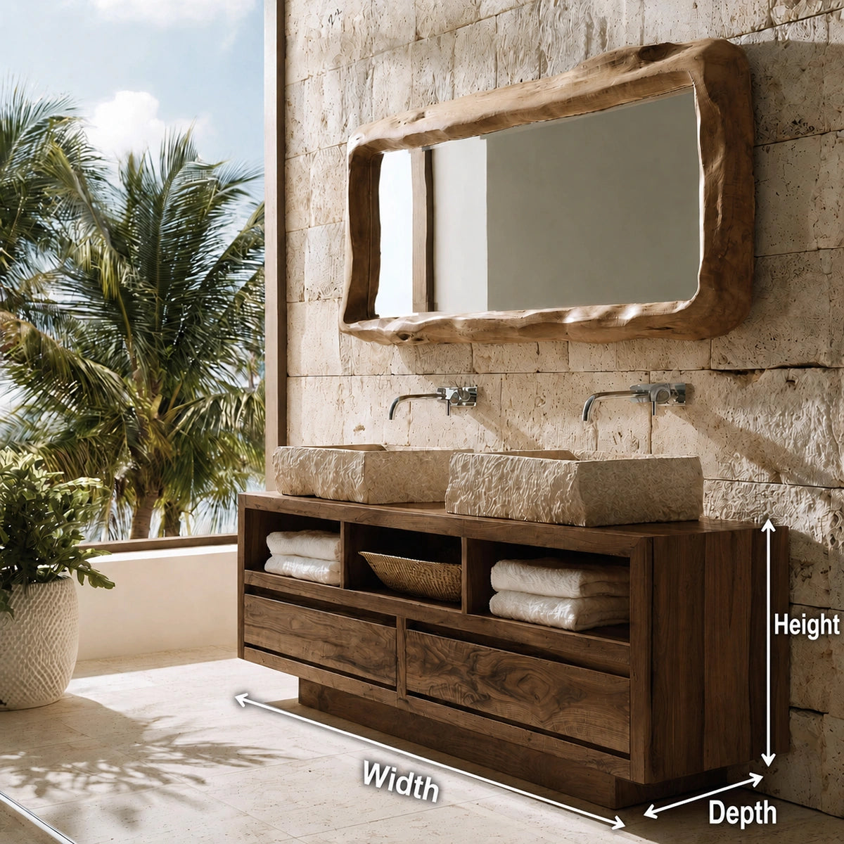 Natural Solid Wood Bathroom Vanity with 2 Drawers and 3 Open Shelves