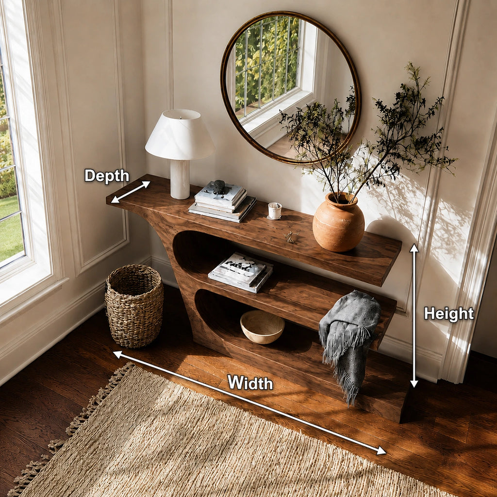 Natural Solid Wood Console Table with Sculptural Open Shelf Design