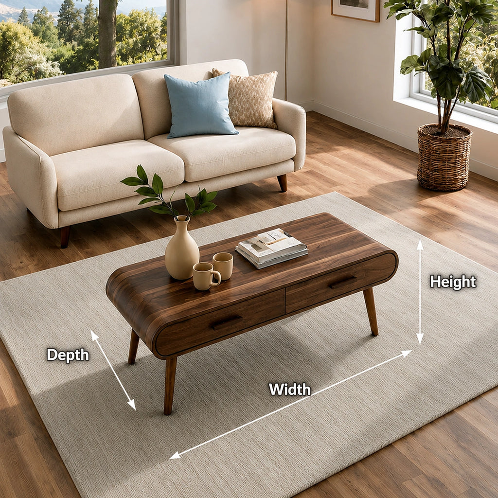 Natural Solid Wood Coffee Table with 2 Drawers – Mid-Century Modern Style