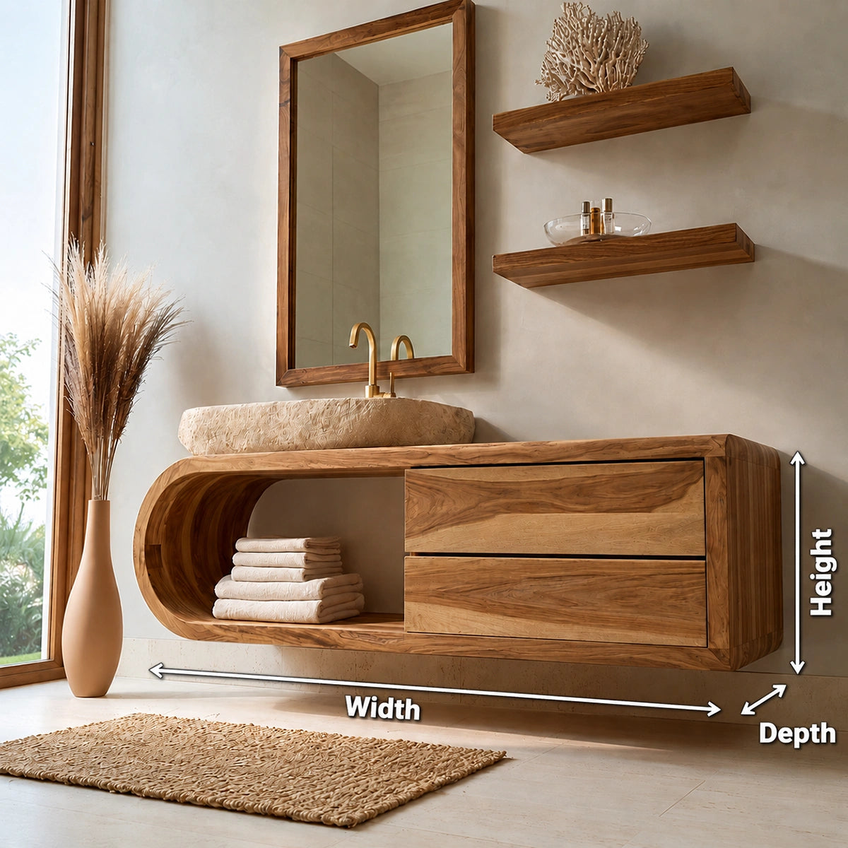 Natural Solid Wood Bathroom Cabinet with 4 Drawers – Wave Front Modern Style