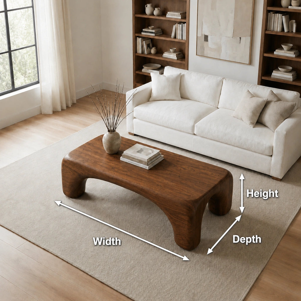 Natural Solid Wood Coffee Table with Rounded Top and Sculptural Arch Legs