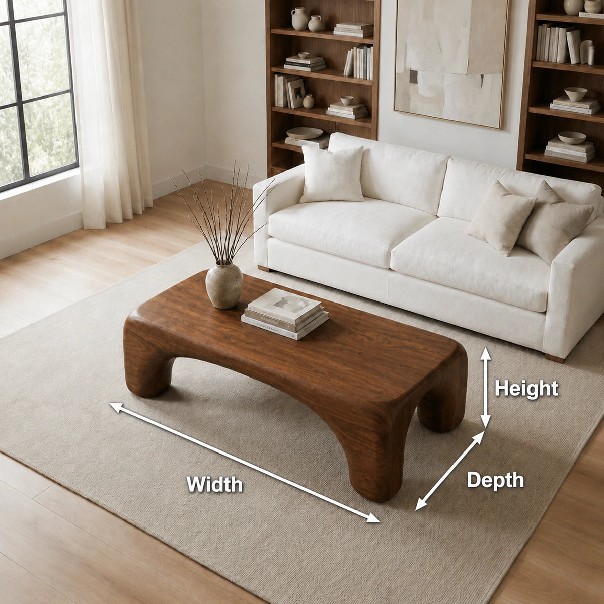 Natural Solid Wood Coffee Table with Rounded Top and Sculptural Arch Legs
