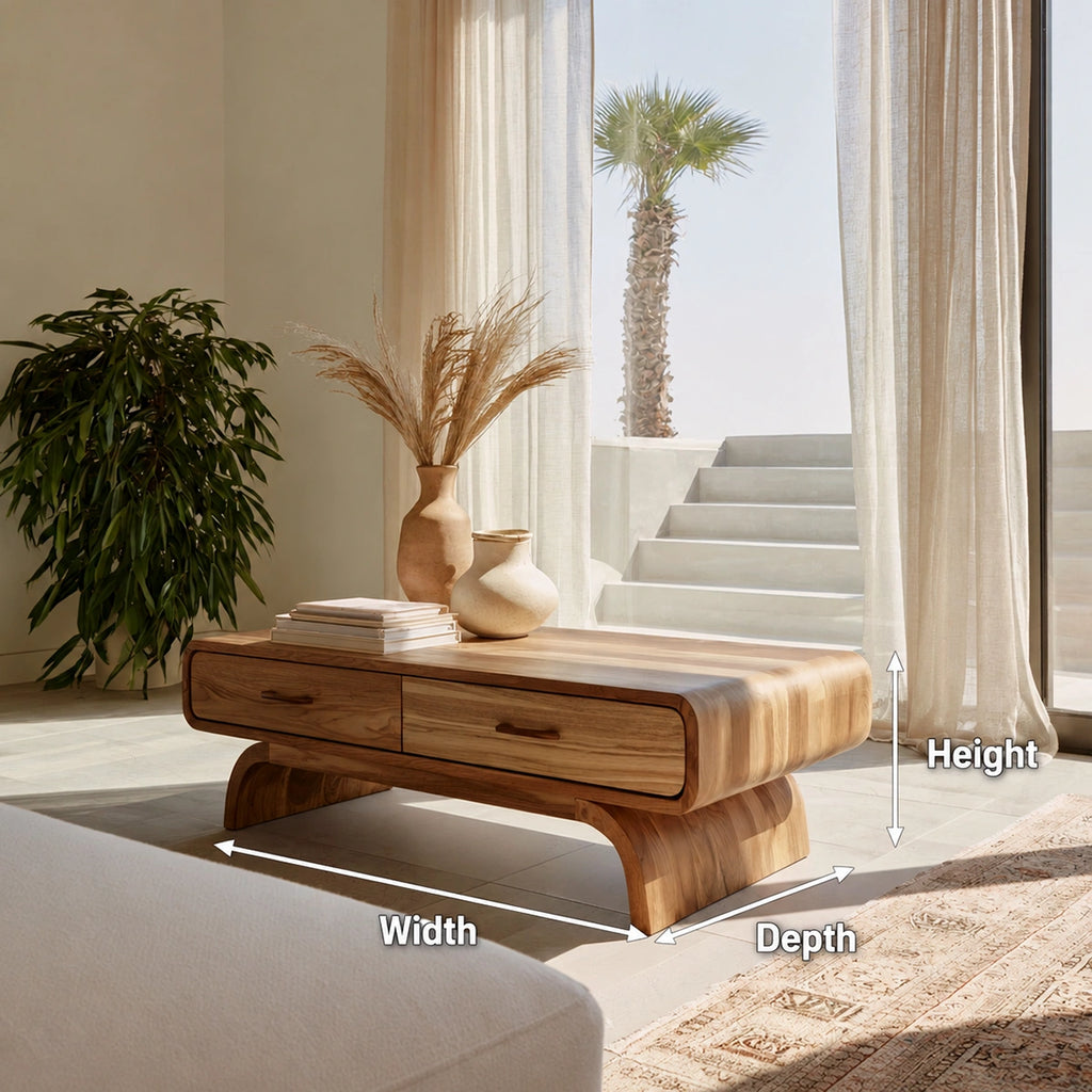 Natural Solid Wood Coffee Table with 2 Drawers – Rounded Japandi Style