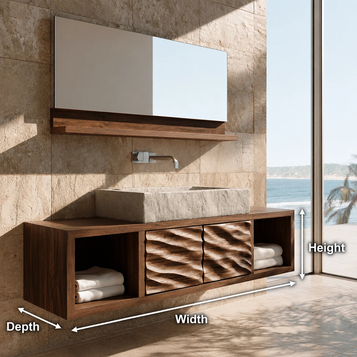 Natural Solid Wood Floating Bathroom Cabinet with 2 Doors and Open Shelf
