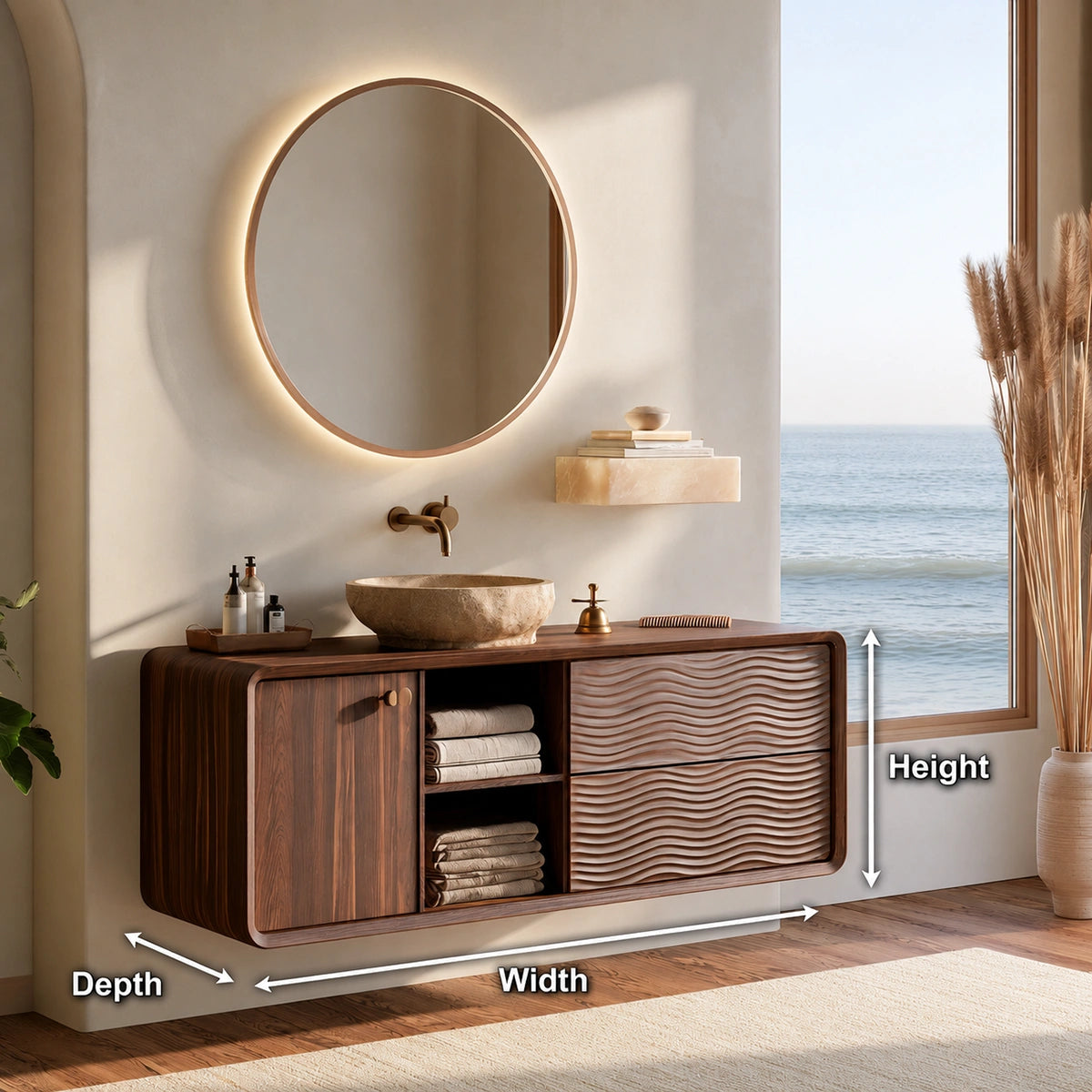 Natural Solid Wood Floating Bathroom Vanity with Door, Shelves and 2 Drawers