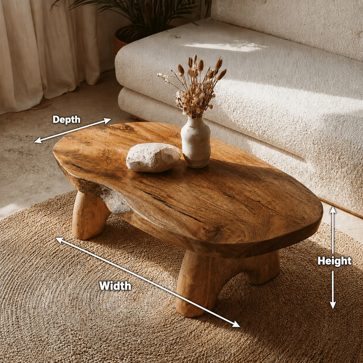 Natural Solid Wood Coffee Table – Live Edge Wabi-Sabi Style