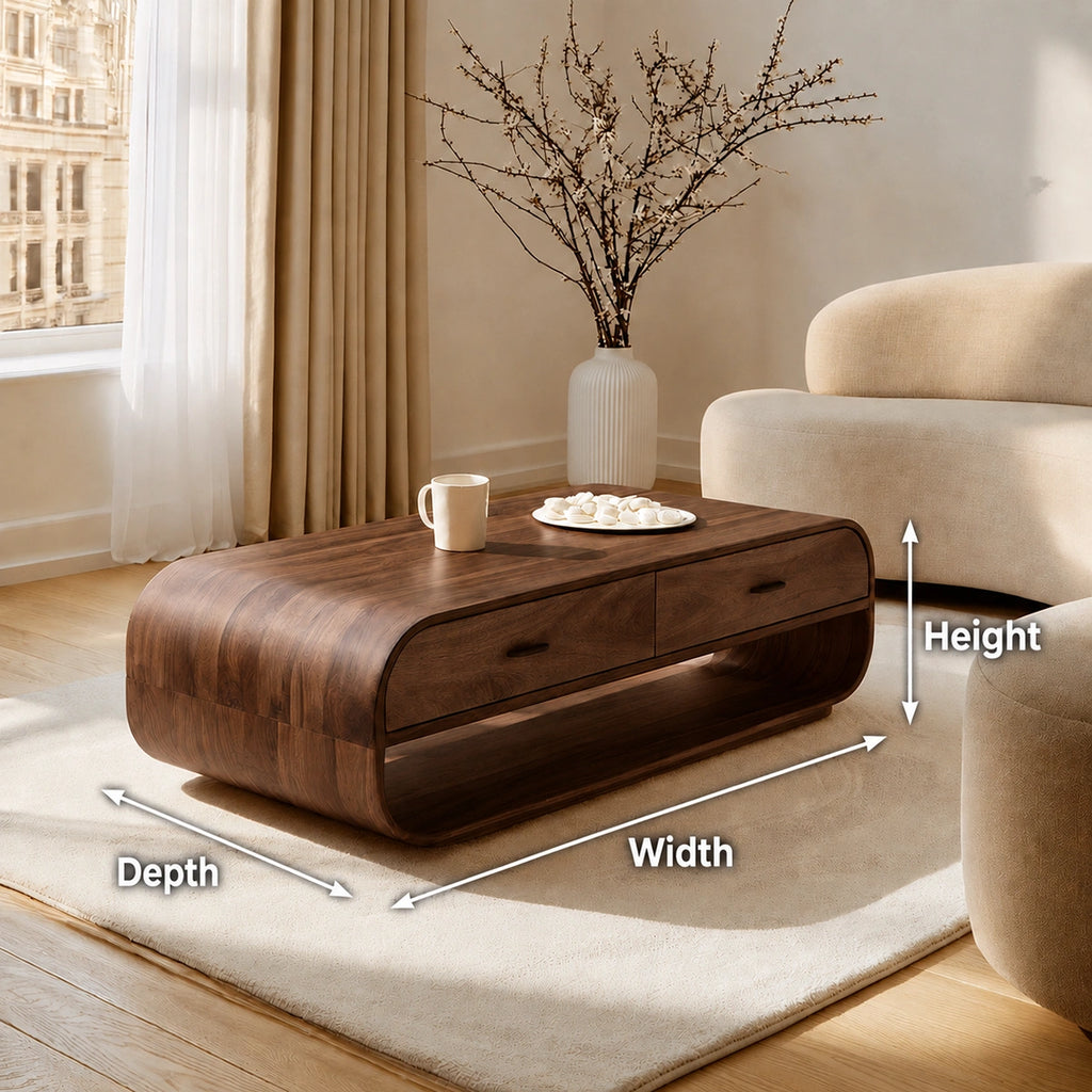 Natural Solid Wood Coffee Table with 2 Drawers – Rounded Modern Style