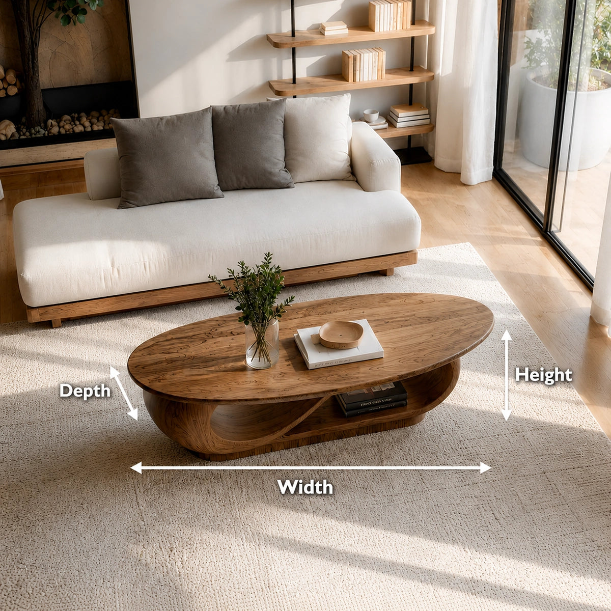Natural Solid Wood Oval Coffee Table with Sculptural Loop Base and Lower Shelf