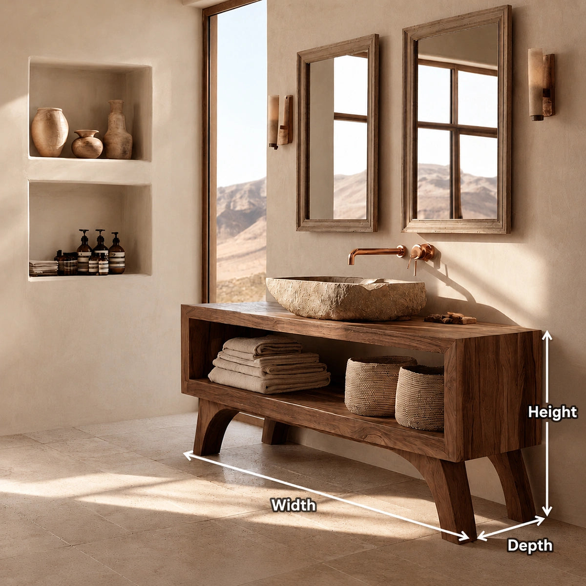 Natural Solid Wood Bathroom Vanity with Open Shelf – Rustic Wabi Sabi Style
