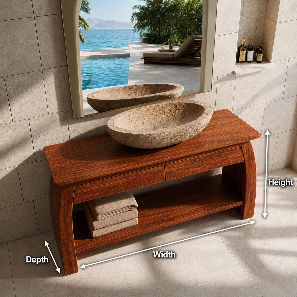 Natural Solid Wood Double Bathroom Vanity with 2 Drawers and Open Shelf