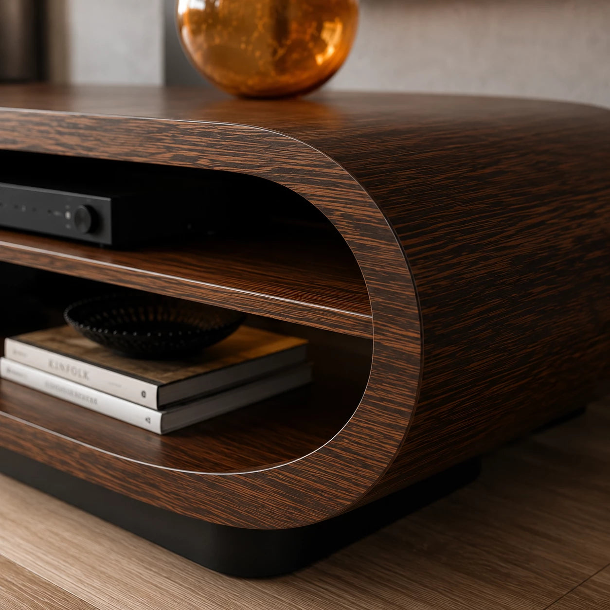 Curved Natural Solid Wood TV Stand with Open Media Console Storage