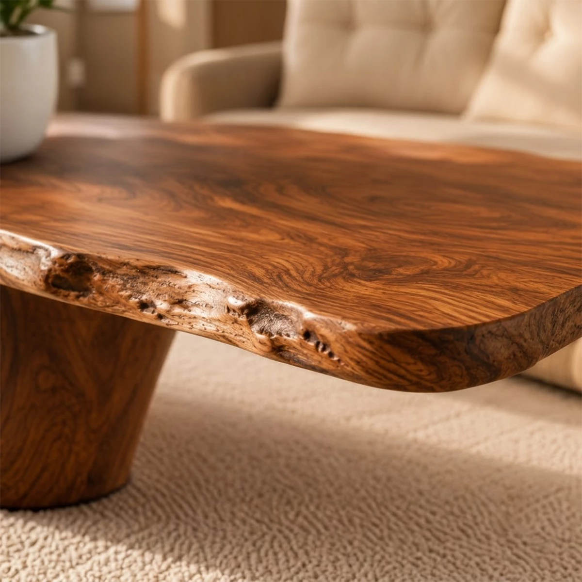 Sculptural Natural Solid Wood Coffee Table for Living Room
