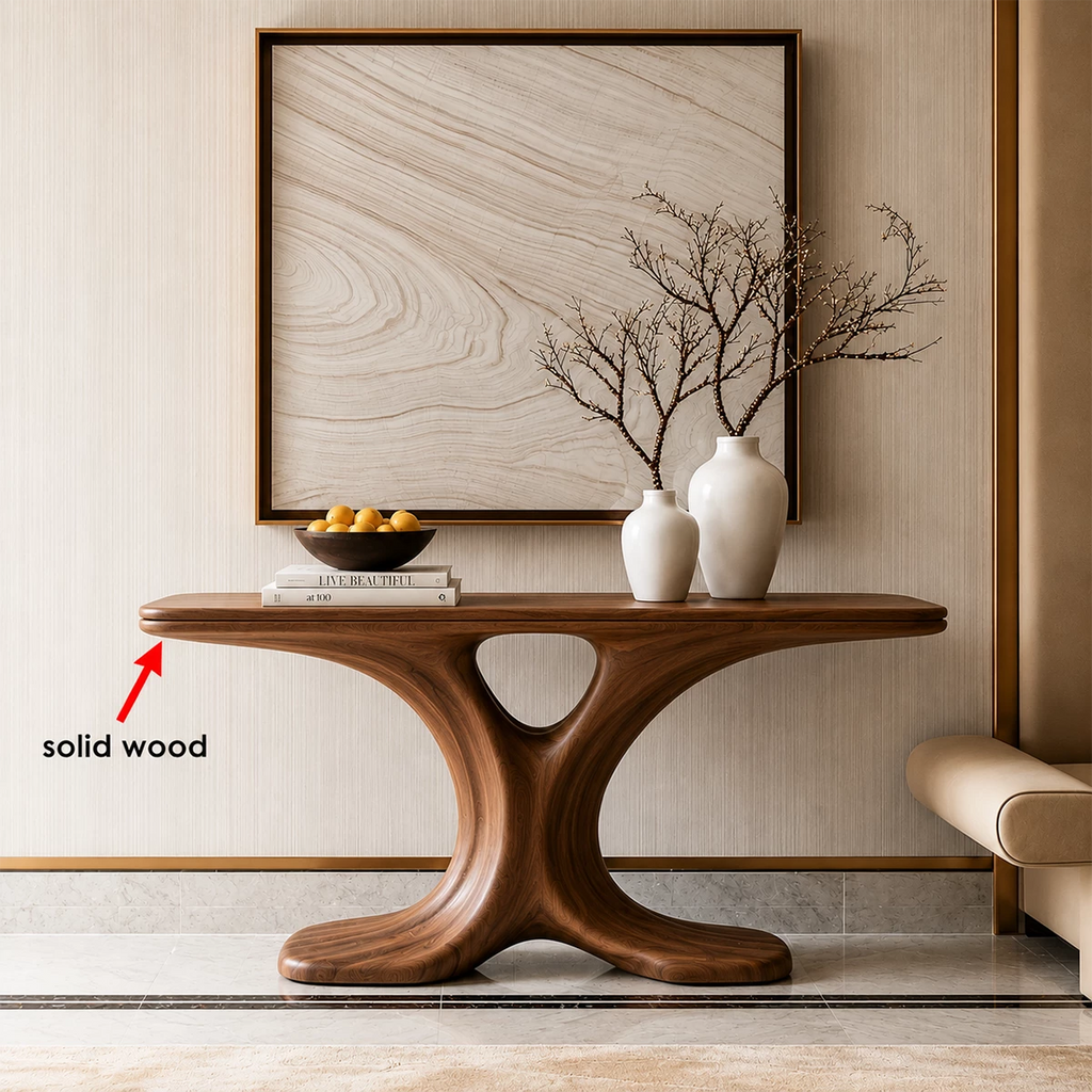 Natural Solid Wood Console Table Sculptural Twin Arch Modern Style