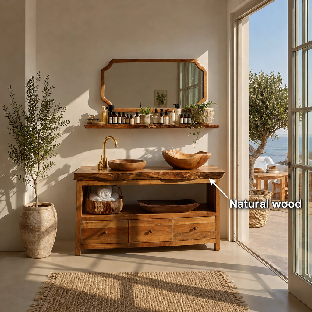 Natural Wood Bathroom Vanity With Double Vessel Sinks & Open Storage