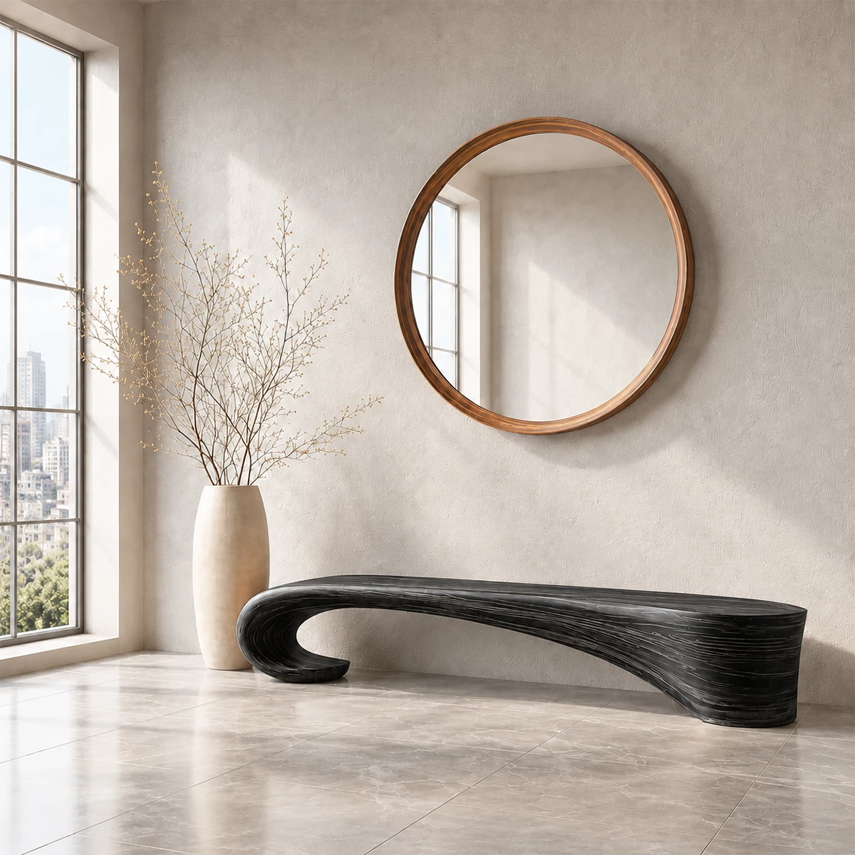 Sculptural Wave Wood Bench – Organic Natural Wood Entryway Bench for Modern Interior