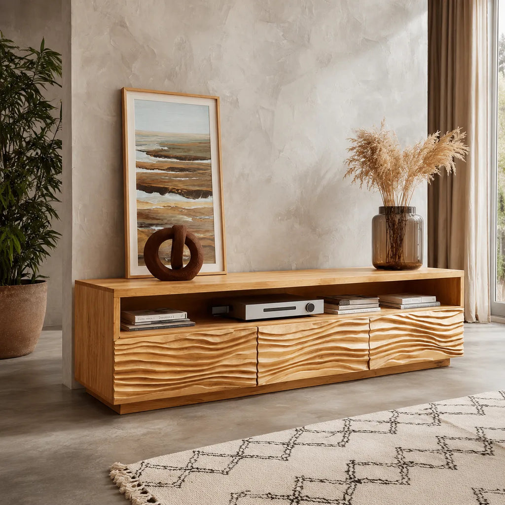Wave Front TV Stand with Sculpted Storage and Open Display Shelf