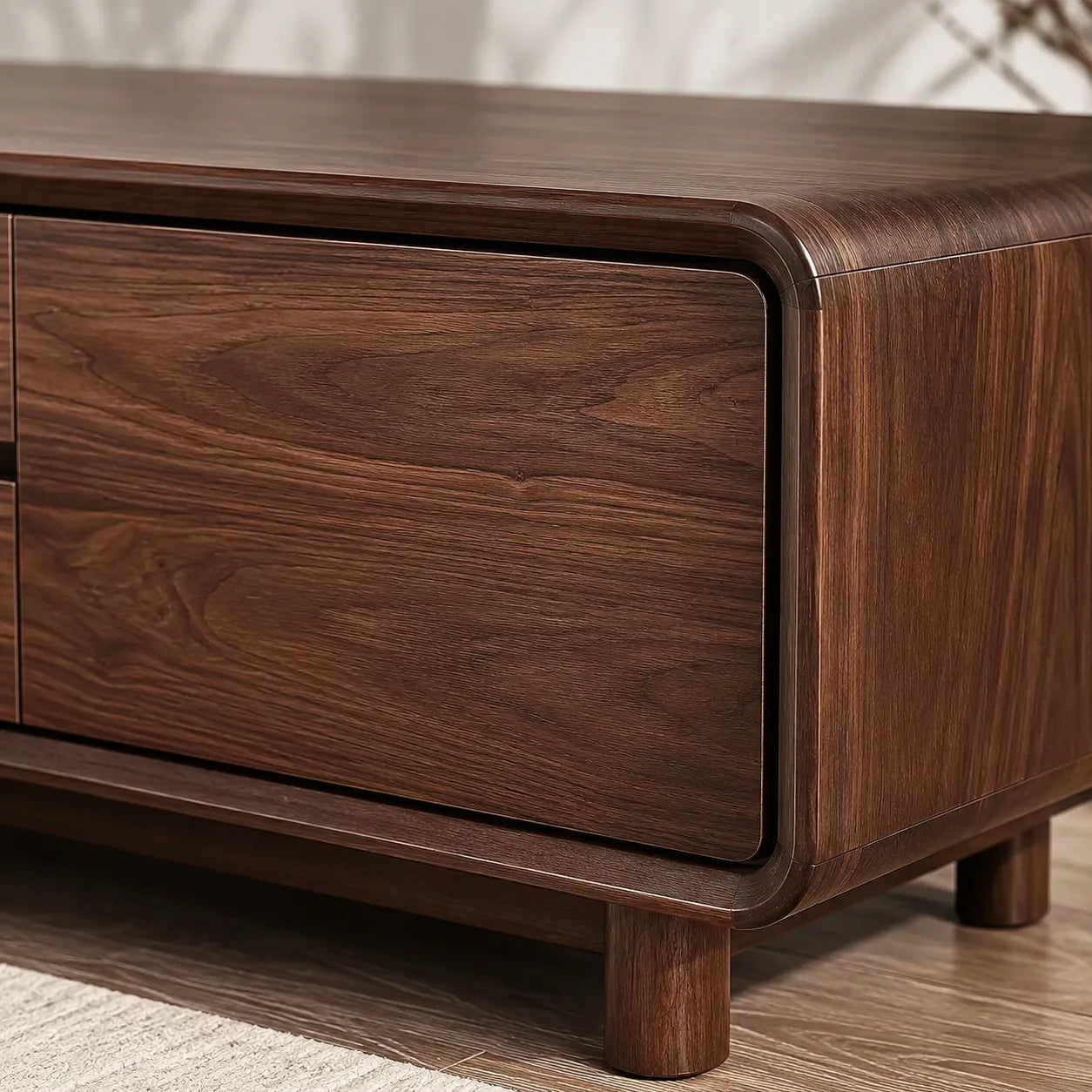 Rounded Natural Solid Wood TV Stand with Wide Drawer Storage Design