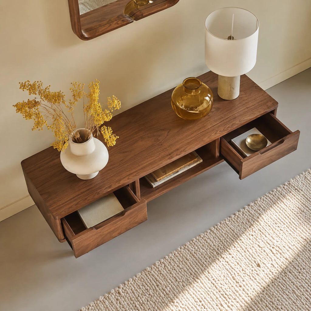 Mid Century Natural Solid Wood TV Stand with Open Shelf Storage
