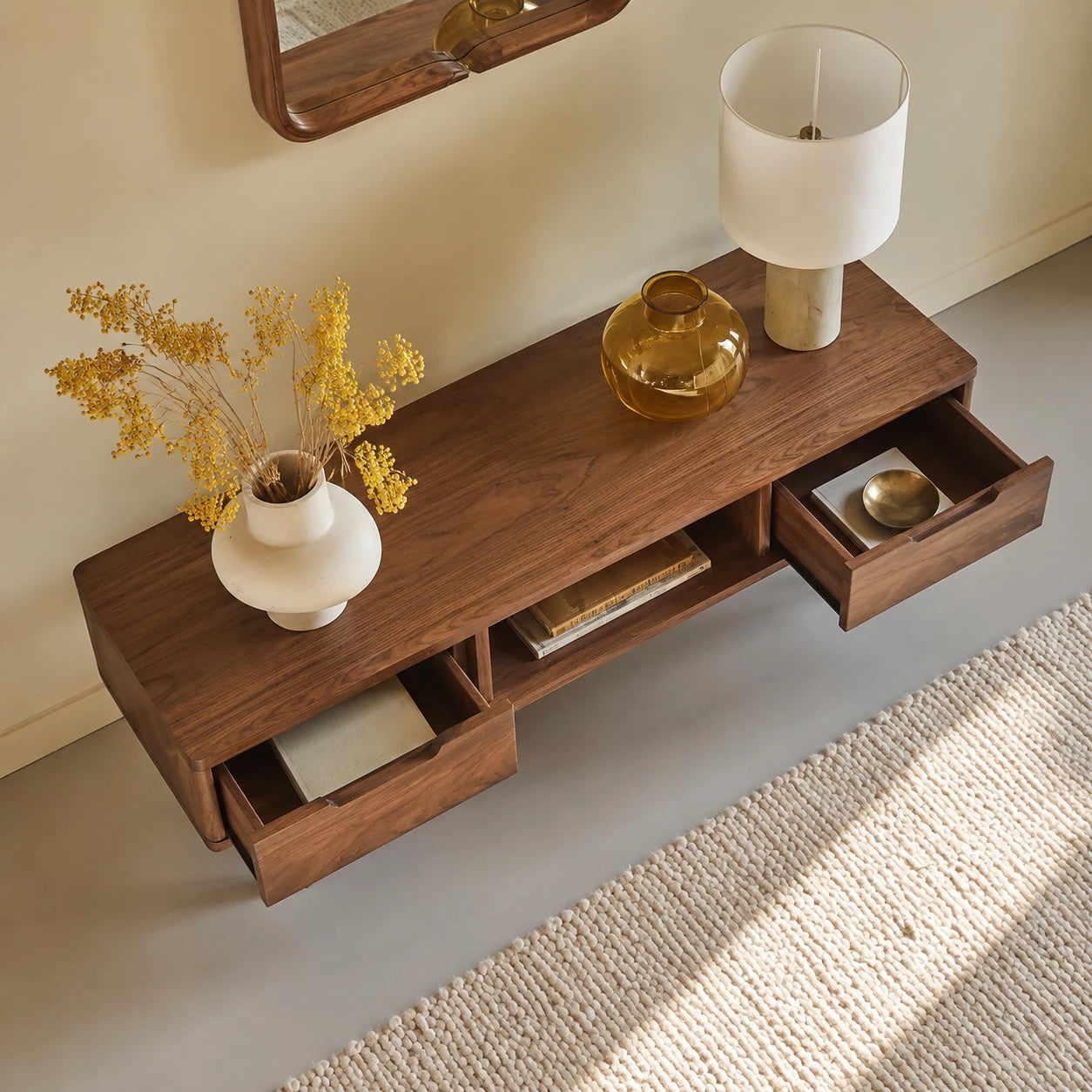 Mid Century Natural Solid Wood TV Stand with Open Shelf Storage