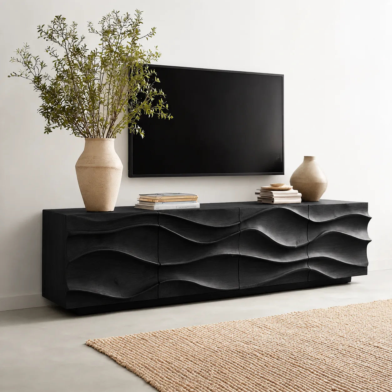 Sculpted Wave Natural Solid Wood TV Stand with Eight Drawer Storage