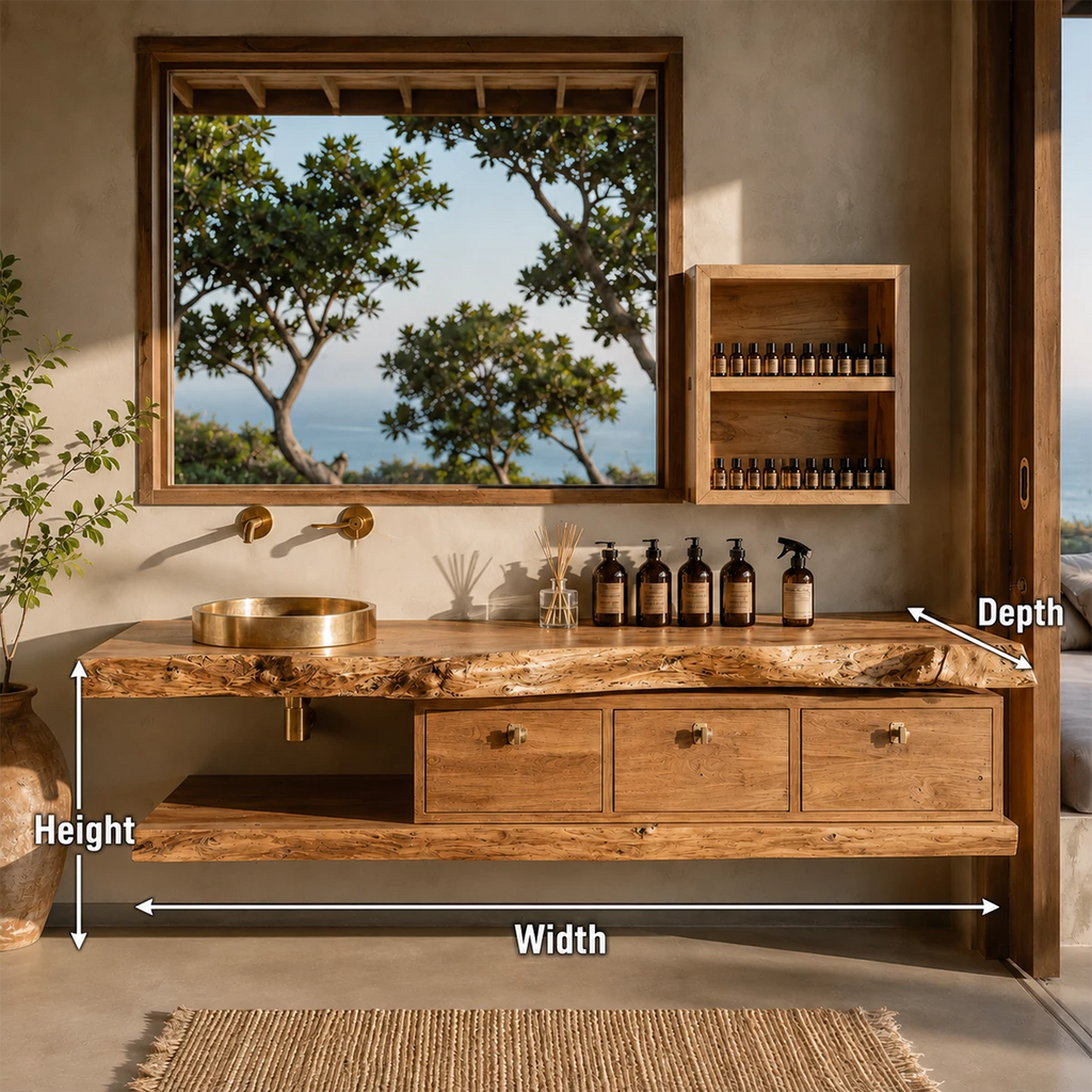 Live Edge Floating Bathroom Vanity With Solid Wood Drawers & Open Shelf