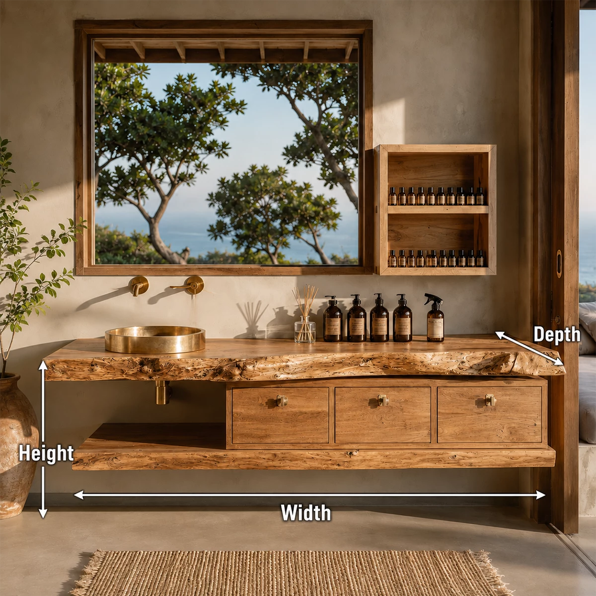 Live Edge Floating Bathroom Vanity With Solid Wood Drawers & Open Shelf