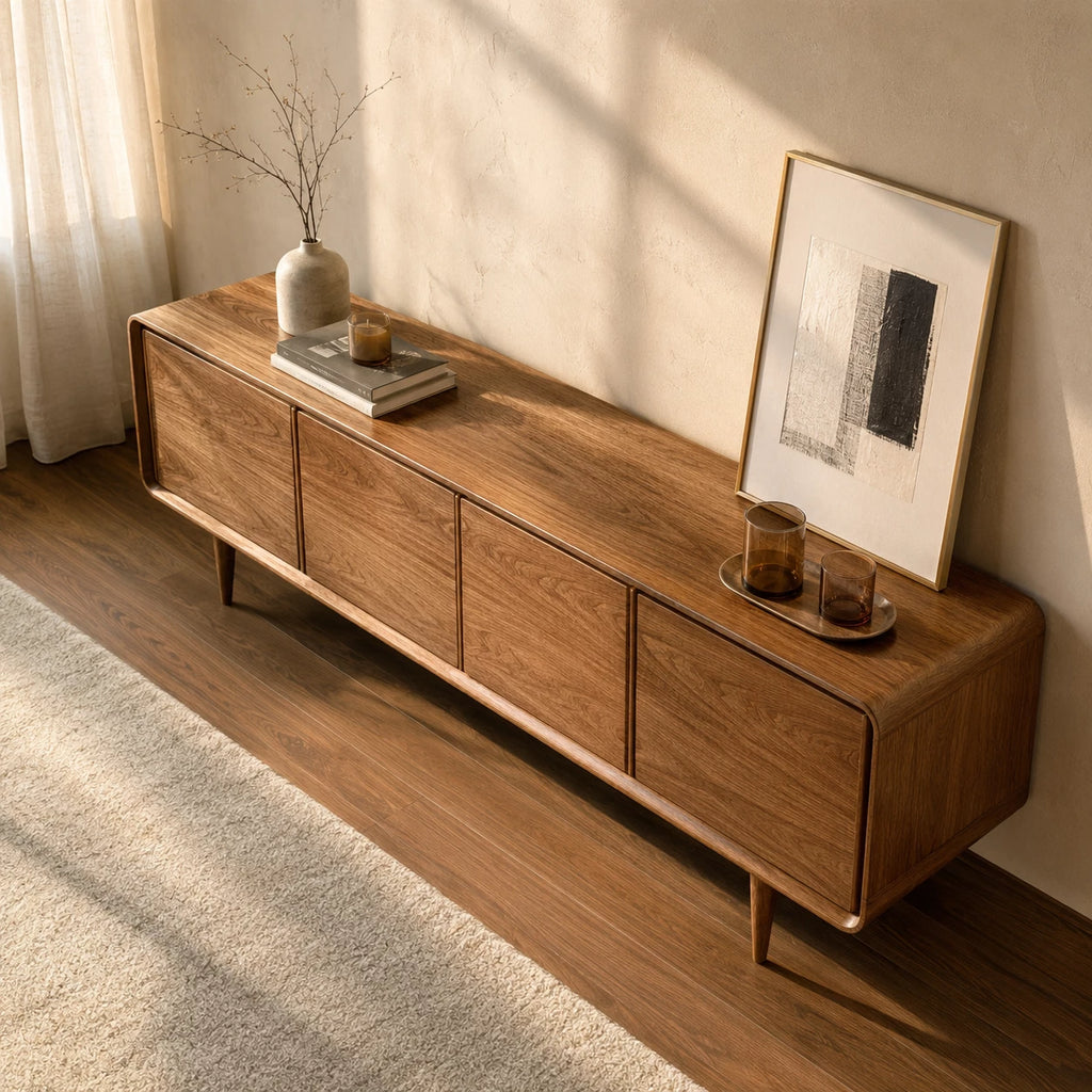 Low Profile Natural Solid Wood TV Stand with Rounded Four Door Storage