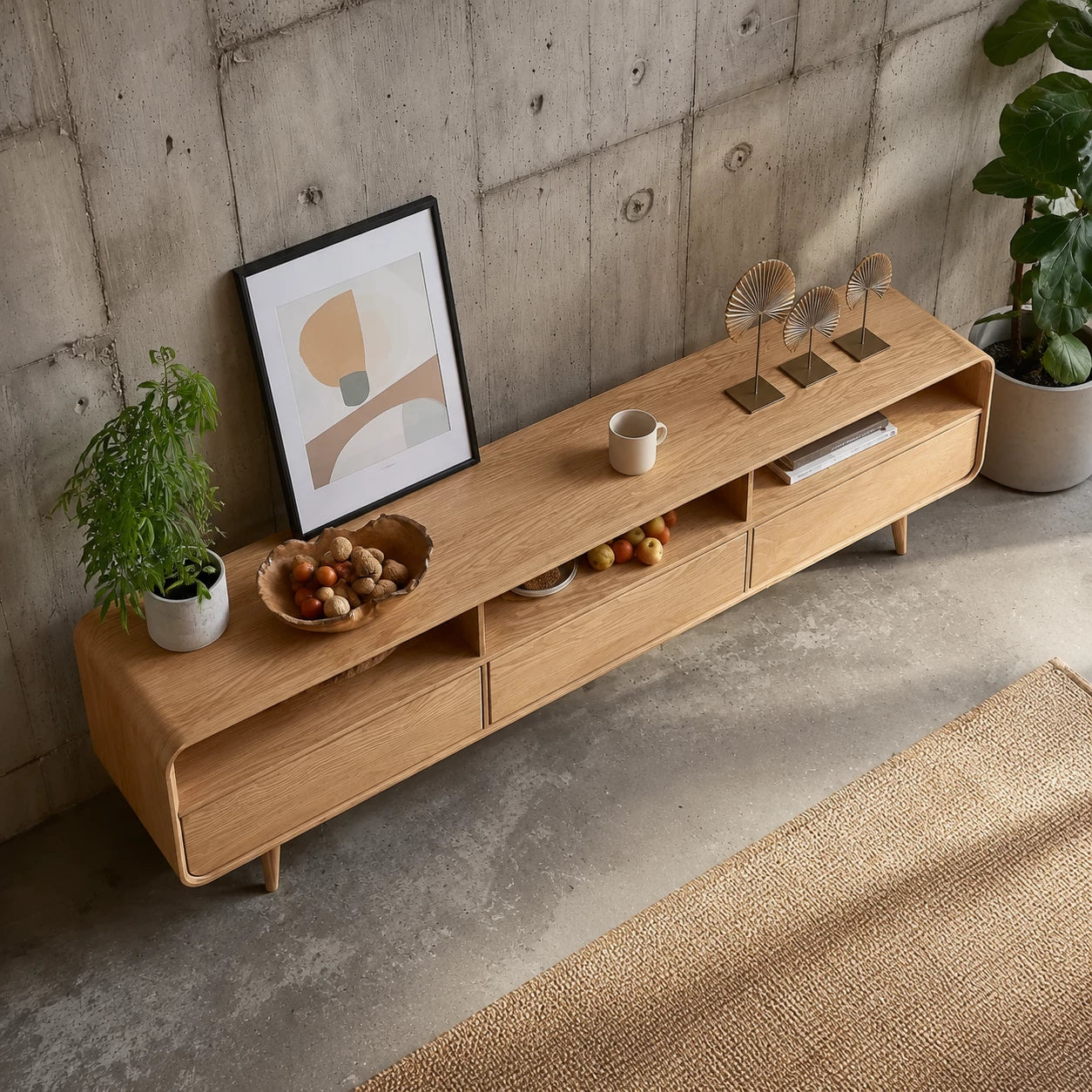 Scandinavian Natural Solid Wood TV Stand with Open Shelf Storage