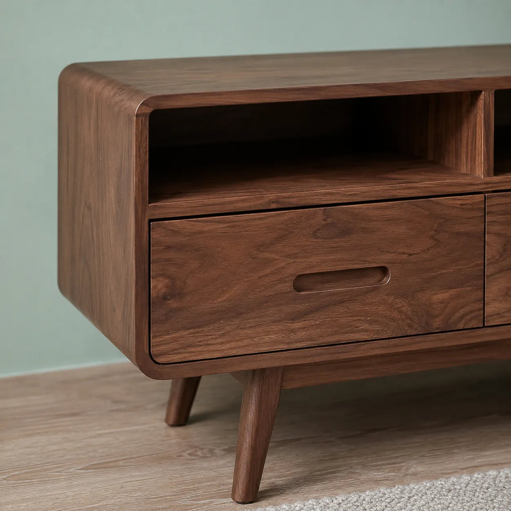 Mid Century Natural Solid Wood TV Stand with Open Shelf Storage