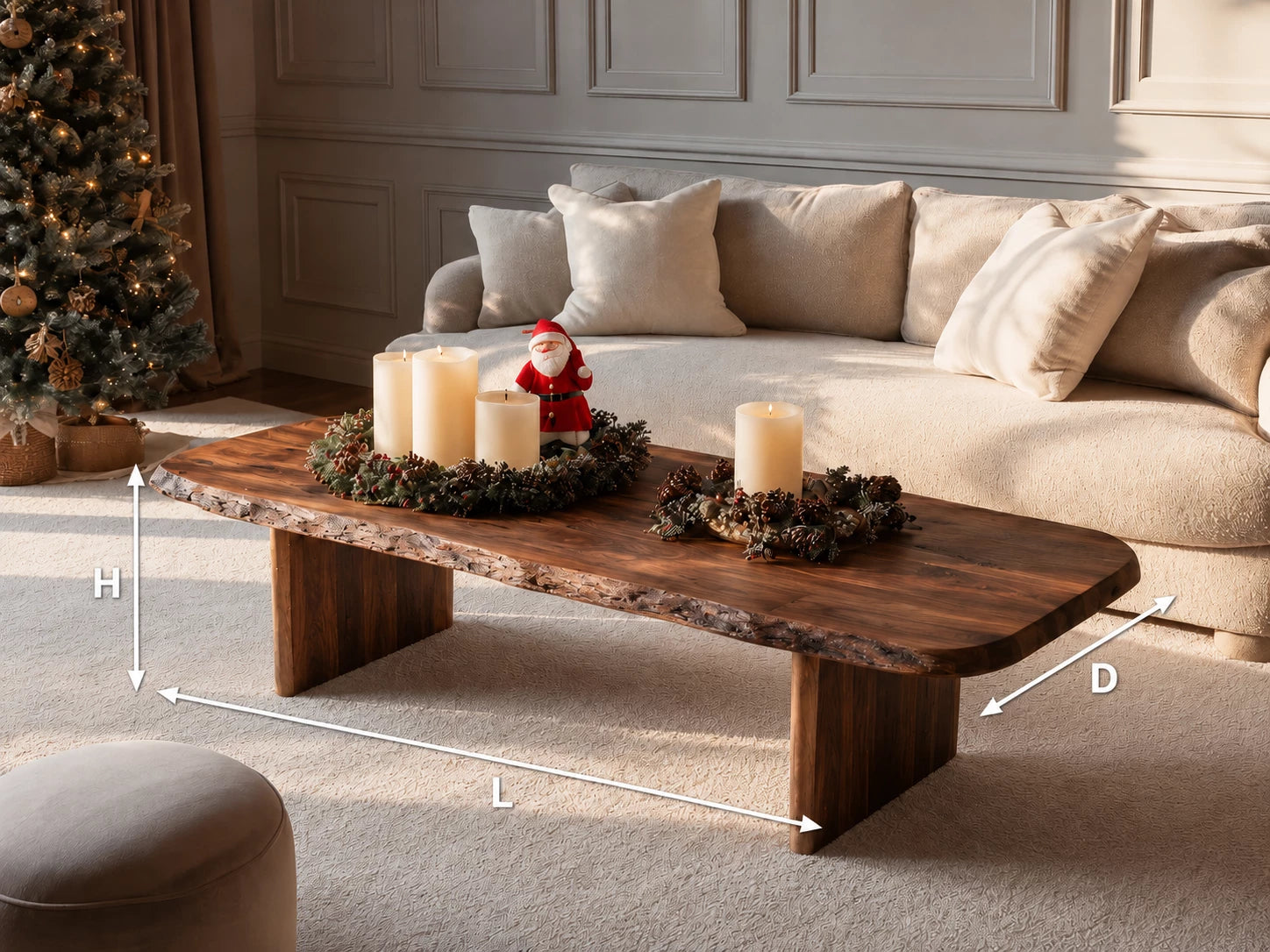 Live Edge Natural Solid Wood Coffee Table with Rustic Modern Form