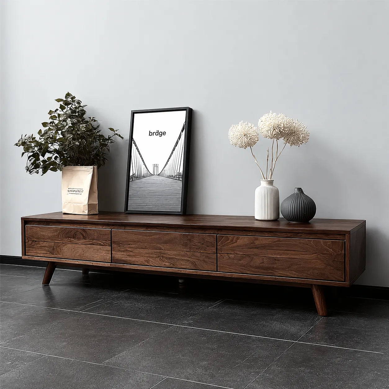 Minimalist Natural Solid Wood TV Stand with Six Drawer Storage Design
