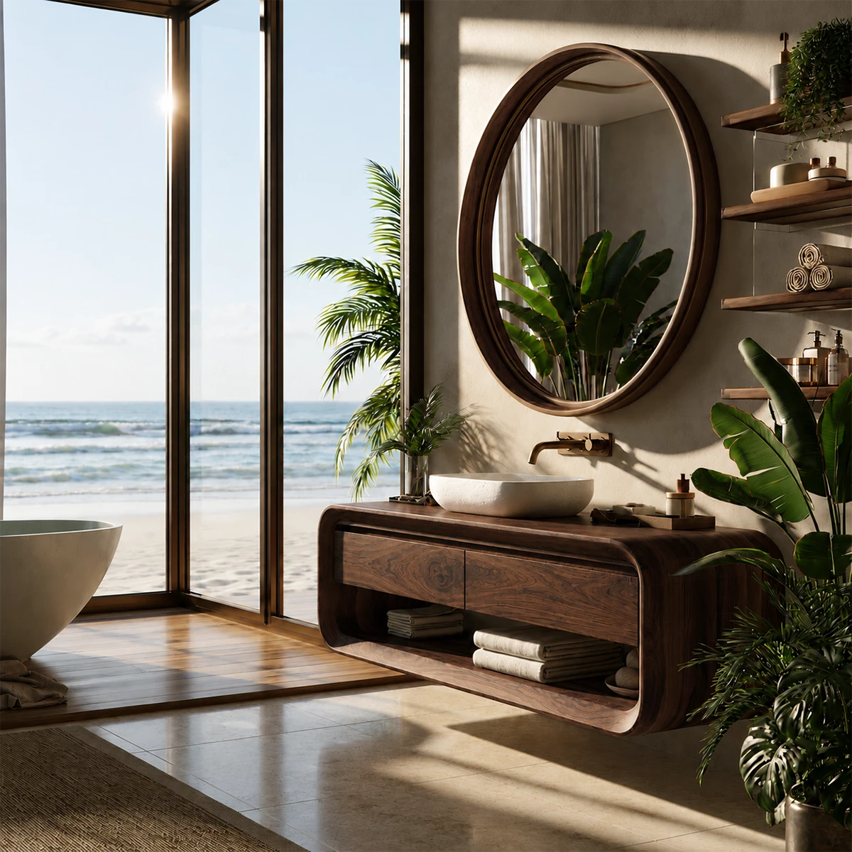 Organic Floating Bathroom Vanity With Rounded Wood Frame & Open Storage